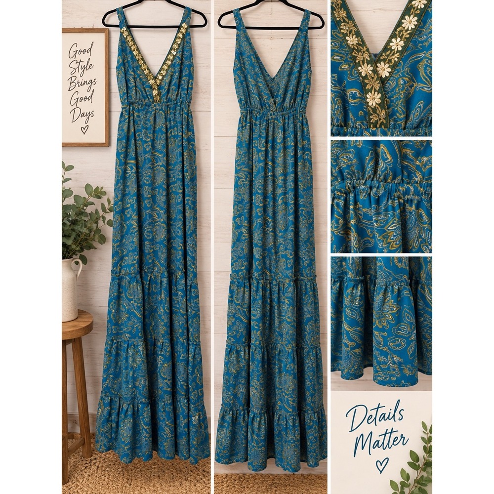 Jayli Women's XXL Teal Paisley Boho Embellished Tiered Maxi Dress NWT